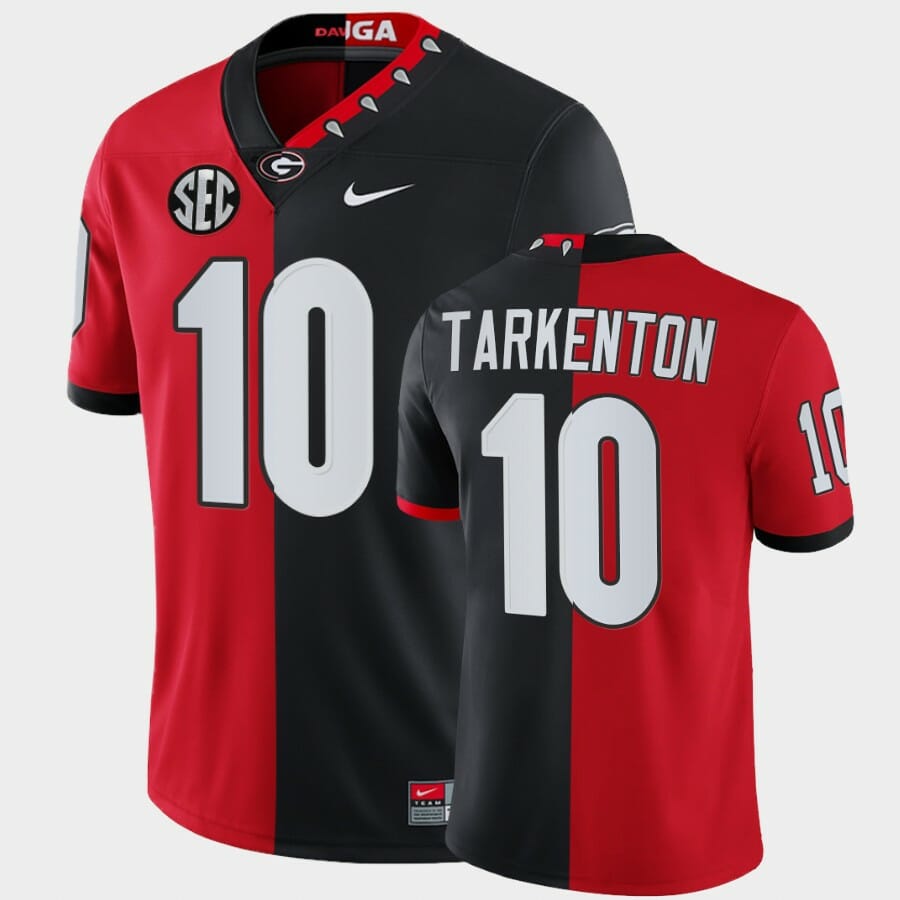 Georgia Bulldogs #10 Tarkenton Jersey Red Black Split Edition 100th Season Alumni Jersey