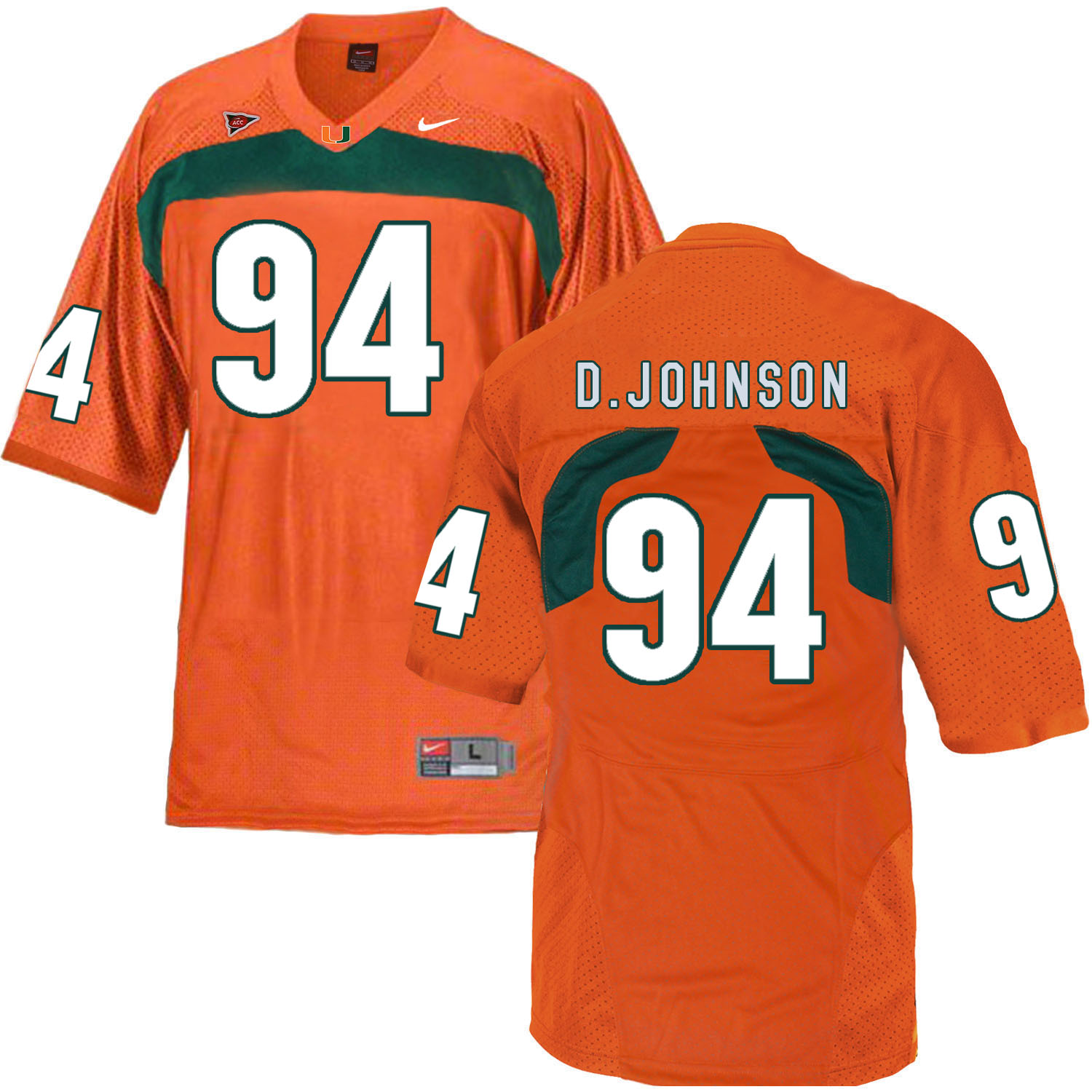 Miami Hurricanes #94 D. Johnson NCAA College Football Jersey Orange