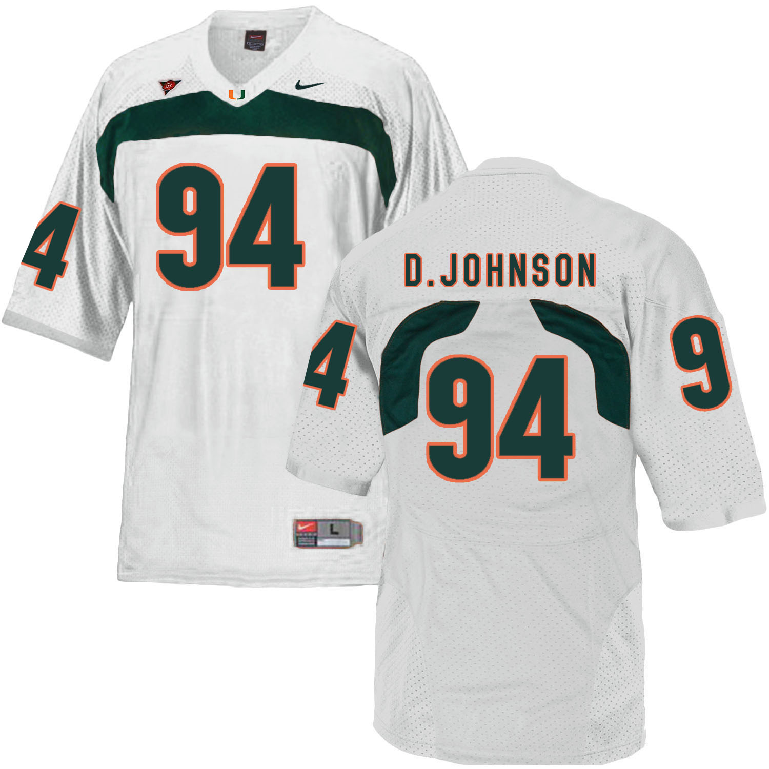 Miami Hurricanes #94 D. Johnson NCAA College Football Jersey White