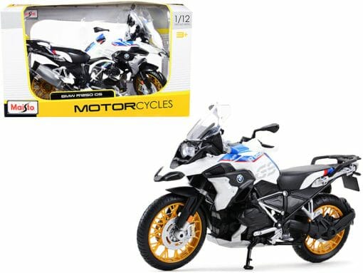 BMW R1250 GS White with Blue and Red Stripes 1/12 Diecast Motorcycle Model by Maisto