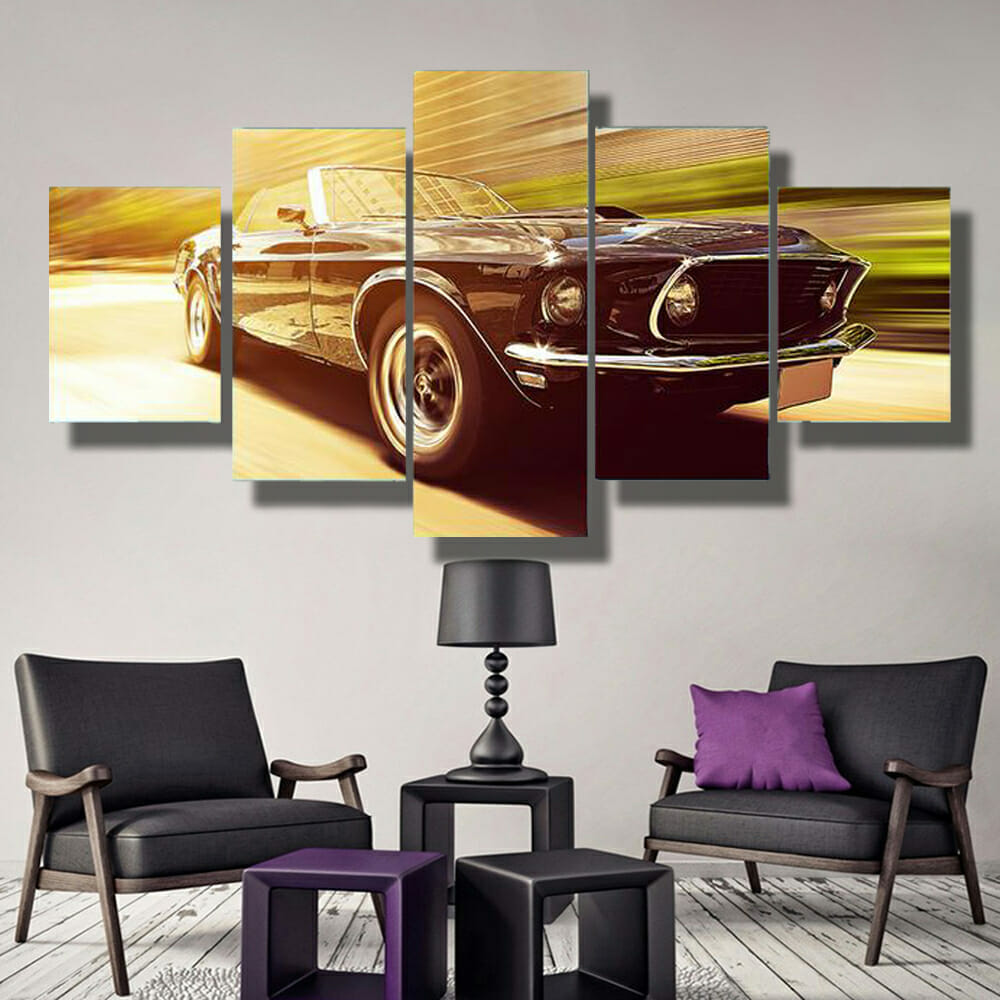 Vintage Car In Blur Motion Multi Panel Canvas Wall Art