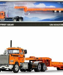 Mack Super-Liner Day Cab Truck with Talbert 5553TA Tri-Axle Trailer "J.V. III Construction" Orange 1/64 Diecast Model by DCP/First Gear