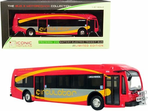 Proterra ZX5 Battery-Electric Transit Bus DC Circulator "Lincoln Memorial" (Washington D.C.) Red and Gray with Yellow Stripes "The Bus & Motorcoach Collection" 1/87 (HO) Diecast Model by