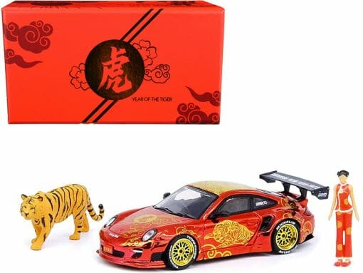 997 LBWK Liberty Walk RHD (Right Hand Drive) Candy Red and Gold with Female and Tiger Figurines "Chinese New Year 2022" Special Edition 1/64 Diecast Model Car by Inno Models