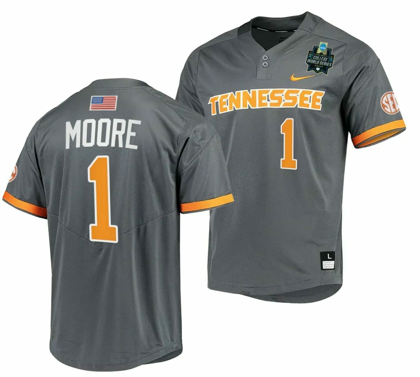Christian Moore Jersey Tennessee Volunteers #1 Gray 2023 NCAA Baseball College World Series OMAHA 8