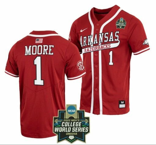 Robert Moore Jersey Arkansas Razorbacks Baseball NCAA 2022 College World Series Cardinal #1