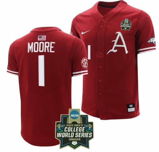 Robert Moore Jersey Arkansas Razorbacks Baseball NCAA College 2022 College World Series Cardinal #1