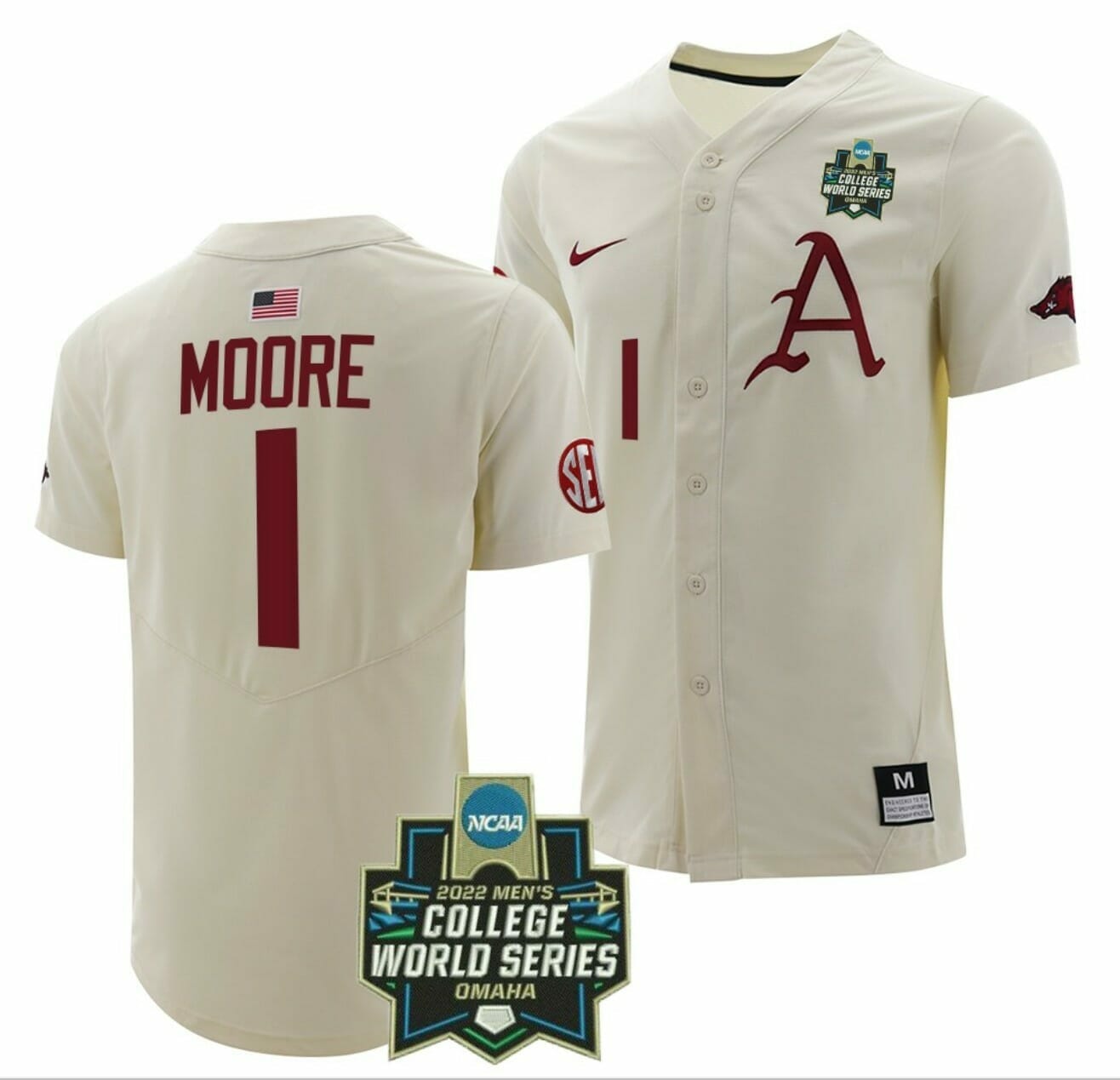 Robert Moore Jersey Arkansas Razorbacks Baseball NCAA 2022 College World Series White #1