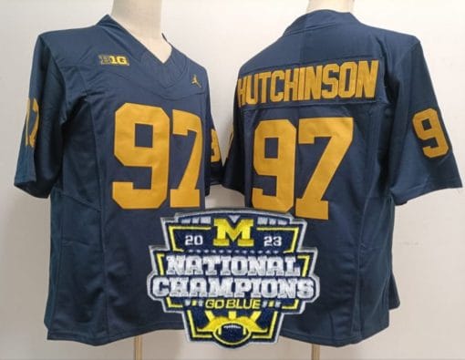 Aidan Hutchinson Jersey #97 Michigan Wolverines Football 2023 National Champions Patch Navy