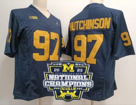Aidan Hutchinson Jersey #97 Michigan Wolverines Football 2023 National Champions Patch Navy