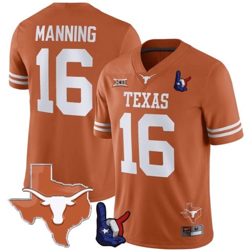 Arch Manning Jersey #16 Texas Longhorns Texas State Map and Throwing Up The H Patch Football Orange