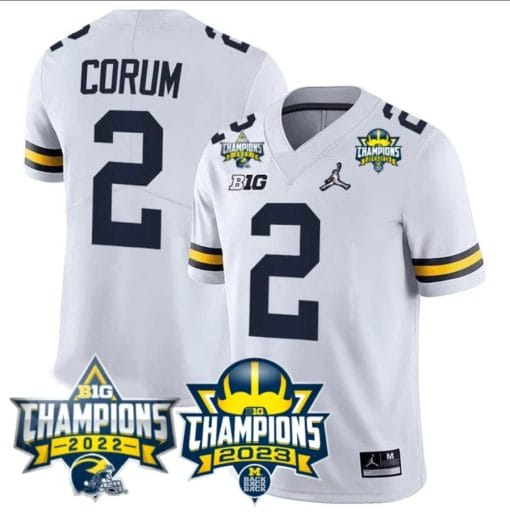 Blake Corum Jersey #2 Michigan Wolverines 2023 Big Ten Back to Back Champions Patch Stitched White