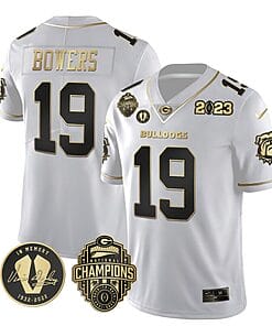 Brock Bowers Jersey #19 Georgia Bulldogs Football 2023 Champions and Vince Dooley Patch White Gold All Stitched