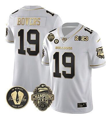 Brock Bowers Jersey #19 Georgia Bulldogs Football 2023 Champions and Vince Dooley Patch White Gold All Stitched