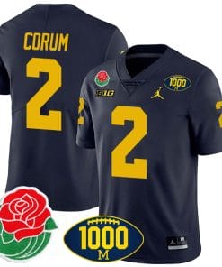 Blake Corum Jersey #2 Michigan Wolverines 1000 Wins & Rose Bowl Patch Special Navy