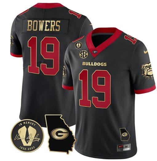 Brock Bowers Jersey #19 Georgia Bulldogs Football Vince Dooley Patch Georgia Map Gold Trim All Stitched