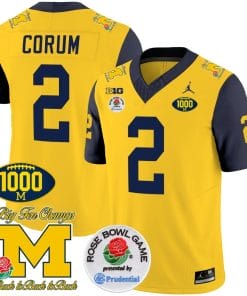 Blake Corum Jersey #2 Michigan Wolverines Vapor Stitched 1000 Wins Rose Bowl Patch Navy Sleeves
