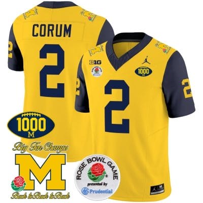 Blake Corum Jersey #2 Michigan Wolverines Vapor Stitched 1000 Wins Rose Bowl Patch Navy Sleeves