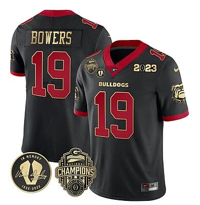 Brock Bowers Jersey #19 Georgia Bulldogs Football 2023 Champions and Vince Dooley Patch Gold Trim All Stitched