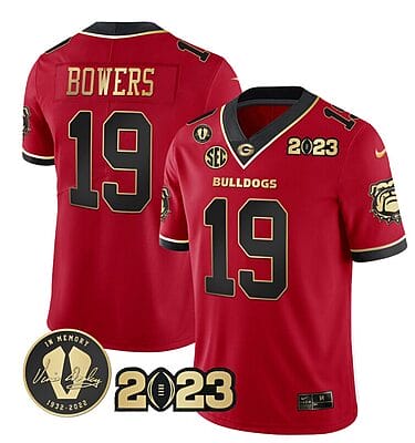Brock Bowers Jersey #19 Georgia Bulldogs Football 2023 and Vince Dooley Patch Black Red All Stitched