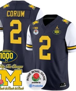 Blake Corum Jersey #2 Michigan Wolverines Vapor Stitched 1000 Wins Rose Bowl Patch White Sleeves