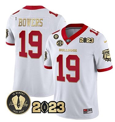 Brock Bowers Jersey #19 Georgia Bulldogs Football 2023 and Vince Dooley Patch White Gold Trim All Stitched