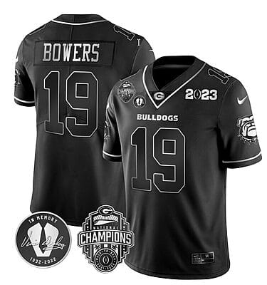 Brock Bowers Jersey #19 Georgia Bulldogs Football 2023 Champions and Vince Dooley Patch Split Black Silver All Stitched