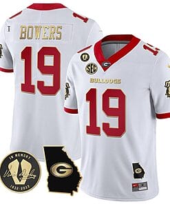 Brock Bowers Jersey #19 Georgia Bulldogs Football Vince Dooley Patch Georgia Map White Gold Trim All Stitched