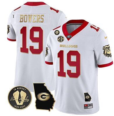 Brock Bowers Jersey #19 Georgia Bulldogs Football Vince Dooley Patch Georgia Map White Gold Trim All Stitched