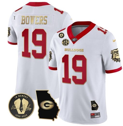Brock Bowers Jersey #19 Georgia Bulldogs Football Vince Dooley Patch Georgia Map White Gold Trim All Stitched
