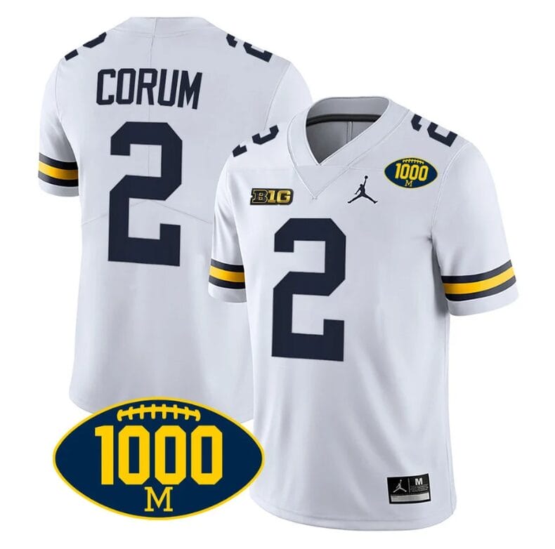 Blake Corum Jersey #2 Michigan Wolverines 1000 Wins Patch College Football White