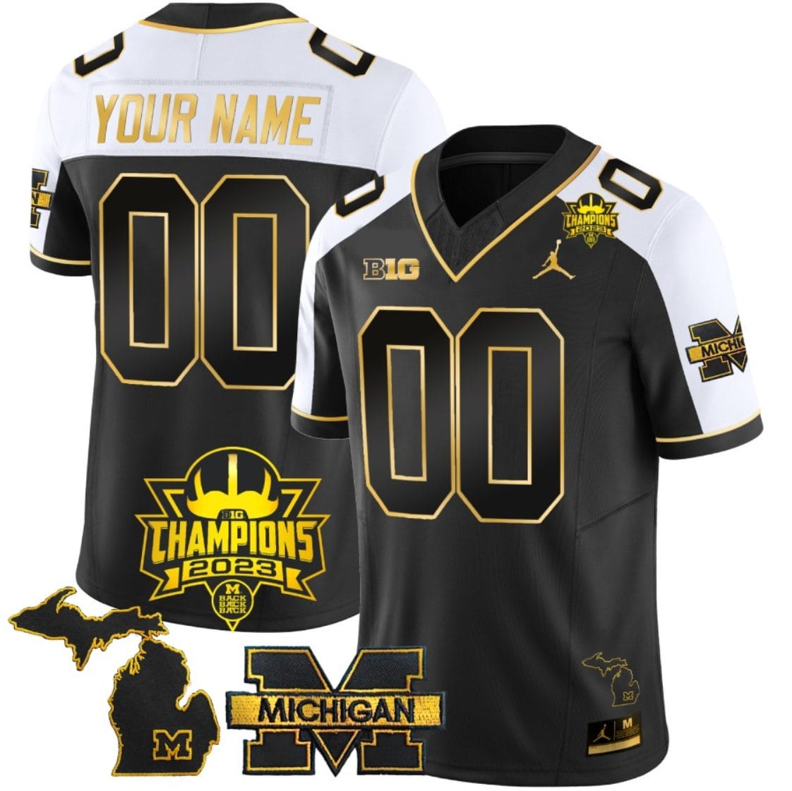 Custom Michigan Wolverines Jersey Name and Number 2023 Big Ten Champions Patch Gold Alternate