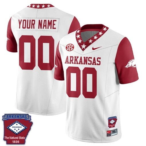 Custom Arkansas Razorback Jersey Name and Number Football The Natural State Patch Red Sleeves