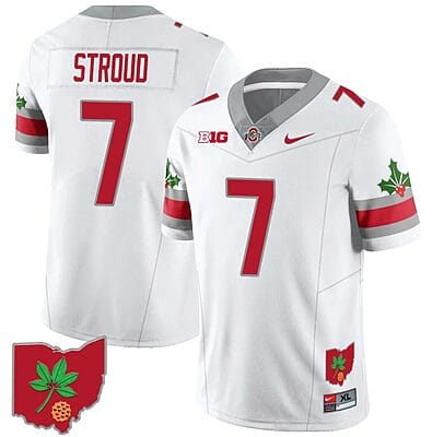 CJ Stroud Jersey #7 Ohio State Buckeyes Football Stitched Ohio Map Patch White Style 2