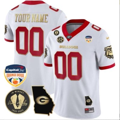 Custom Georgia Bulldogs Jersey Name and Number Orange Bowl Patch Football White Gold Trim