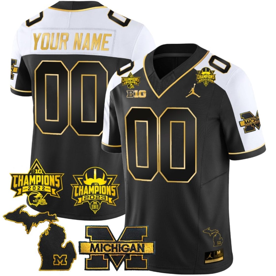 Custom Michigan Wolverines Jersey Name and Number 2023 Big Ten Back to Back Champions Patch Gold Alternate