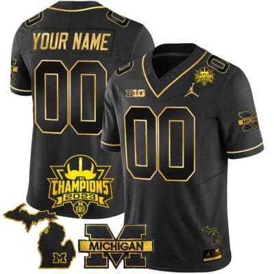 Custom Michigan Wolverines Jersey Name and Number 2023 Big Ten Champions Patch Black Gold