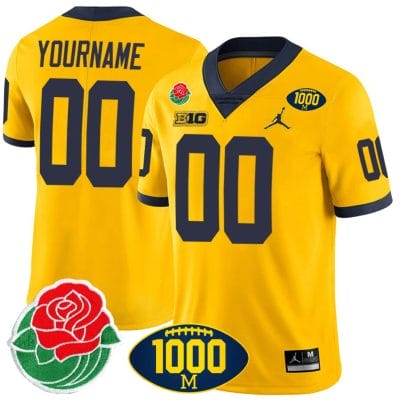Custom Michigan Wolverines Jersey Name and Number 1000 Wins & Rose Bowl Patch Special Yellow