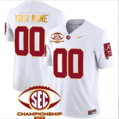 Custom Alabama Jersey Name and Number SEC Championship 2023 Patch Gold Football White