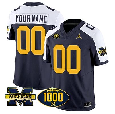 Custom Michigan Wolverines Jersey Name and Number 1000 Wins Patch Vapor College Football Navy Alternate