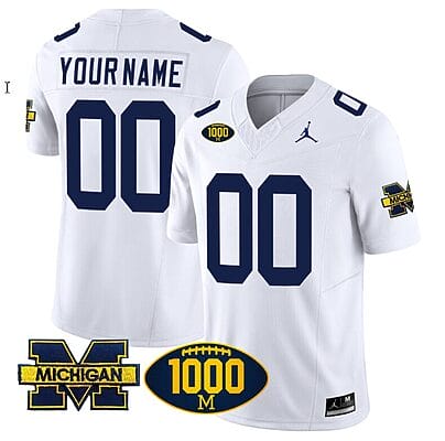 Custom Michigan Wolverines Jersey Name and Number 1000 Wins Patch Vapor College Football White