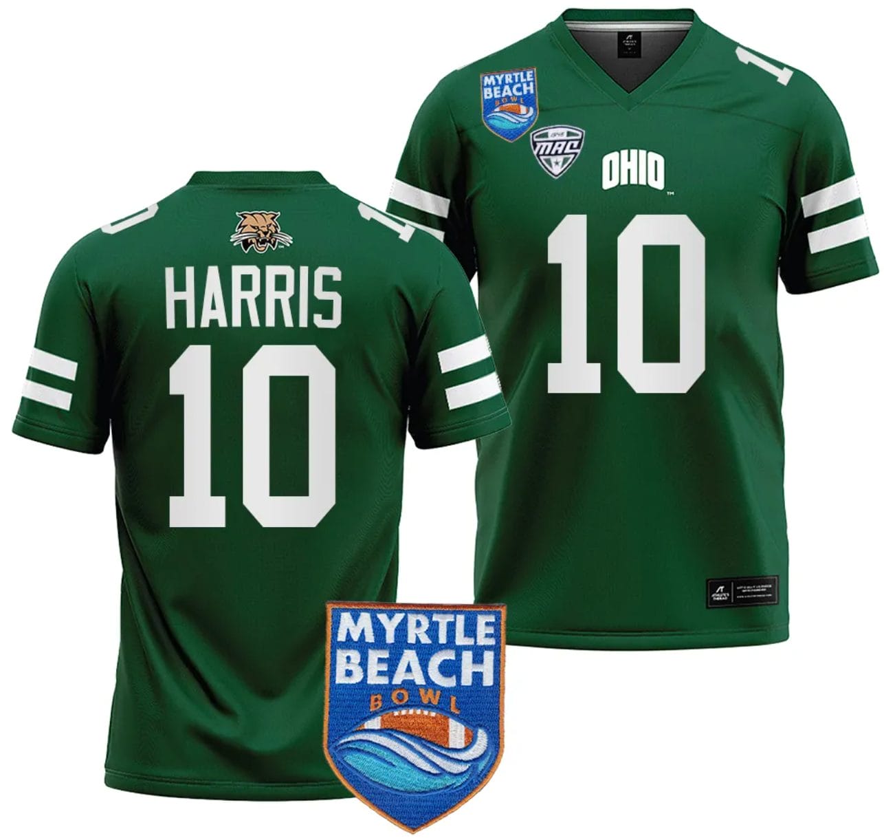 CJ Harris Jersey #10 Ohio Bobcats 2023 Myrtle Beach Bowl Patch College Football Green