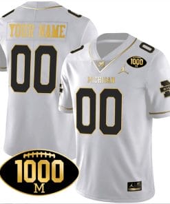 Custom Michigan Wolverines Jersey Name and Number 1000 Wins Patch Football All Stitched White Gold