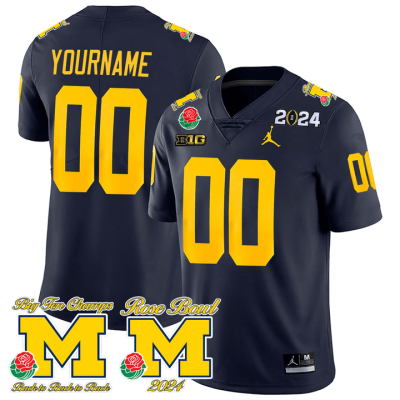 Custom Michigan Wolverines Jersey Name and Number Vapor Rose Bowl and 2024 CFP and Big Ten Champs Patch Football Navy
