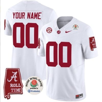 Custom Alabama Jersey Name and Number Rose Bowl Patch Football White