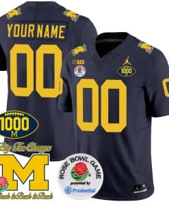 Custom Michigan Wolverines Jersey Name and Number 1000 Wins Rose Bowl Patch Navy