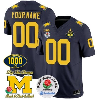 Custom Michigan Wolverines Jersey Name and Number 1000 Wins Rose Bowl Patch Navy