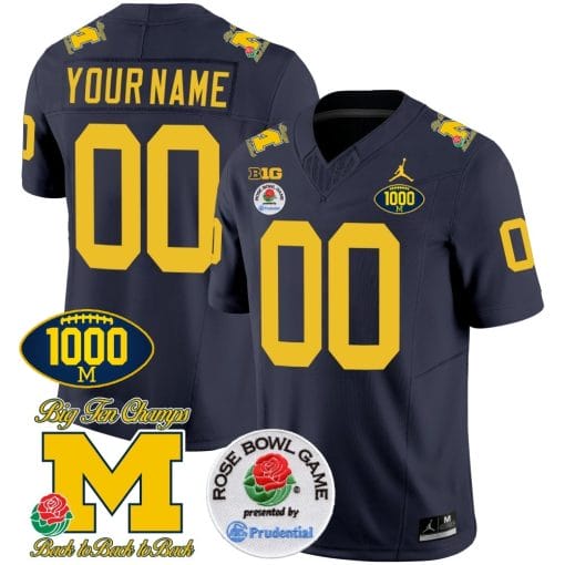 Custom Michigan Wolverines Jersey Name and Number 1000 Wins Rose Bowl Patch Navy