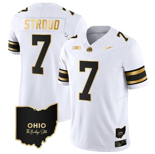 CJ Stroud Jersey #7 Ohio State Buckeyes College Football Stitched Vapor Limited Gold Ohio Patch White Gold