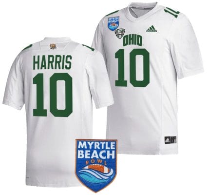 CJ Harris Jersey #10 Ohio Bobcats 2023 Myrtle Beach Bowl Patch MVP Football White